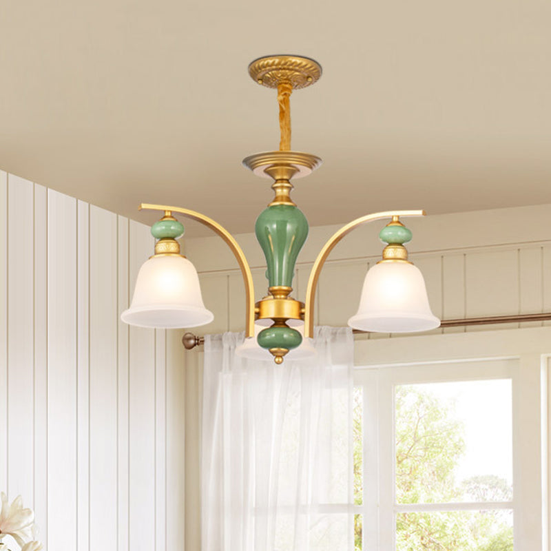 Opal Glass Gold Pendant Light Fixture Bell 5/6/8 Lights Rustic Style Chandelier Lighting with Curved Arm
