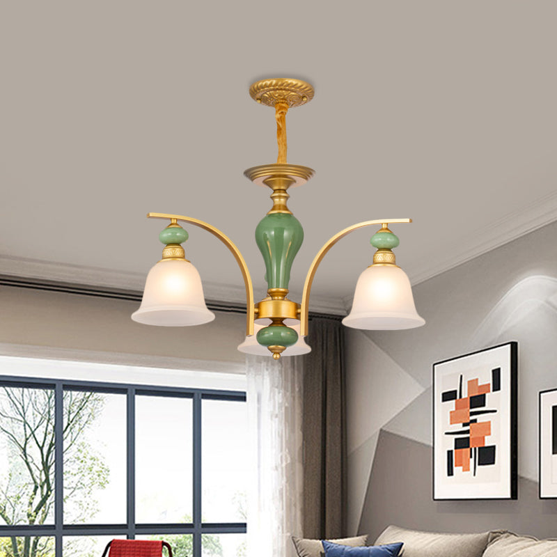 Opal Glass Gold Pendant Light Fixture Bell 5/6/8 Lights Rustic Style Chandelier Lighting with Curved Arm