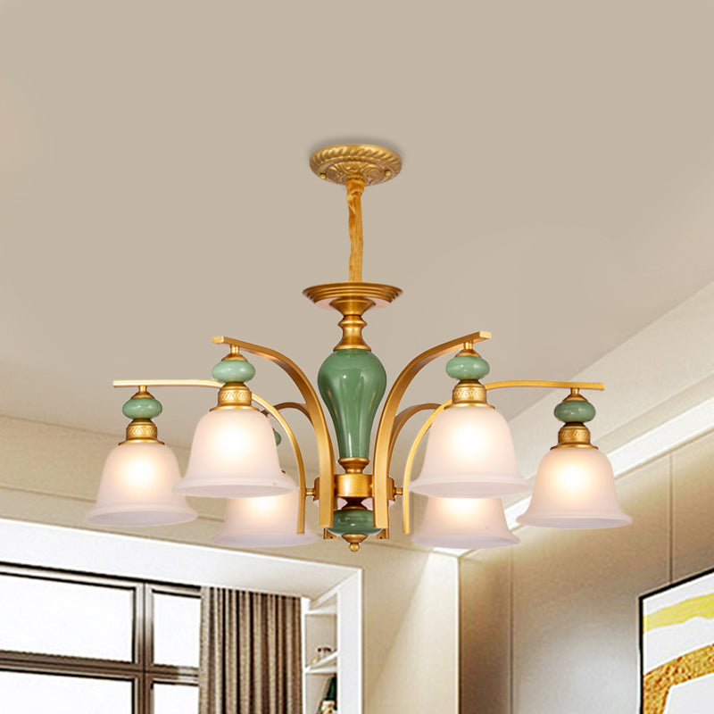 Opal Glass Gold Pendant Light Fixture Bell 5/6/8 Lights Rustic Style Chandelier Lighting with Curved Arm
