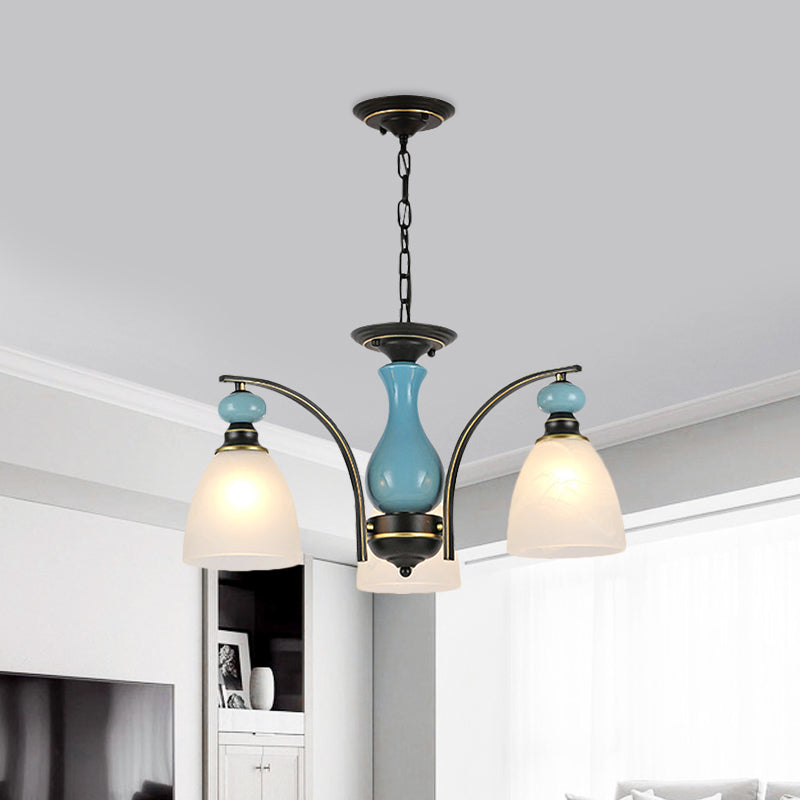 Retro Domed Shade Hanging Pendant 3/5/8 Lights Frosted Glass Chandelier Lighting Fixture in Black and Blue