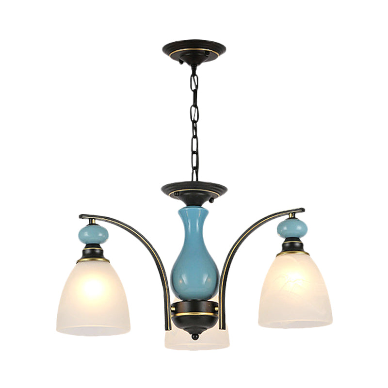 Retro Domed Shade Hanging Pendant 3/5/8 Lights Frosted Glass Chandelier Lighting Fixture in Black and Blue