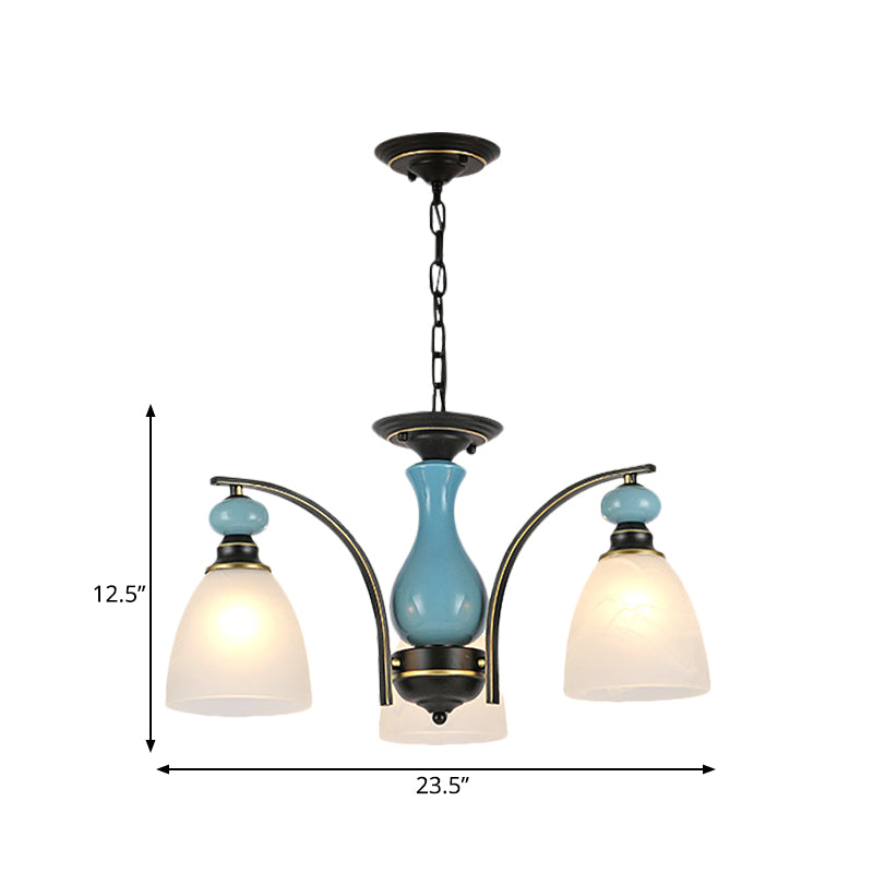 Retro Domed Shade Hanging Pendant 3/5/8 Lights Frosted Glass Chandelier Lighting Fixture in Black and Blue