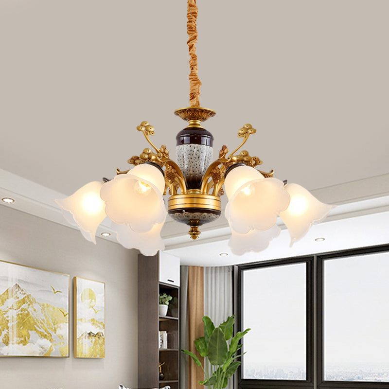 White Glass Floral Pendant Lighting Traditional 6 Lights Living Room Chandelier Lamp in Gold