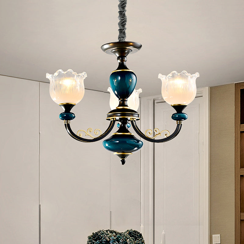3/6 Bulbs Blossom Hanging Light Kit Classic Black Finish Clear Ribbed Glass Pendant Chandelier