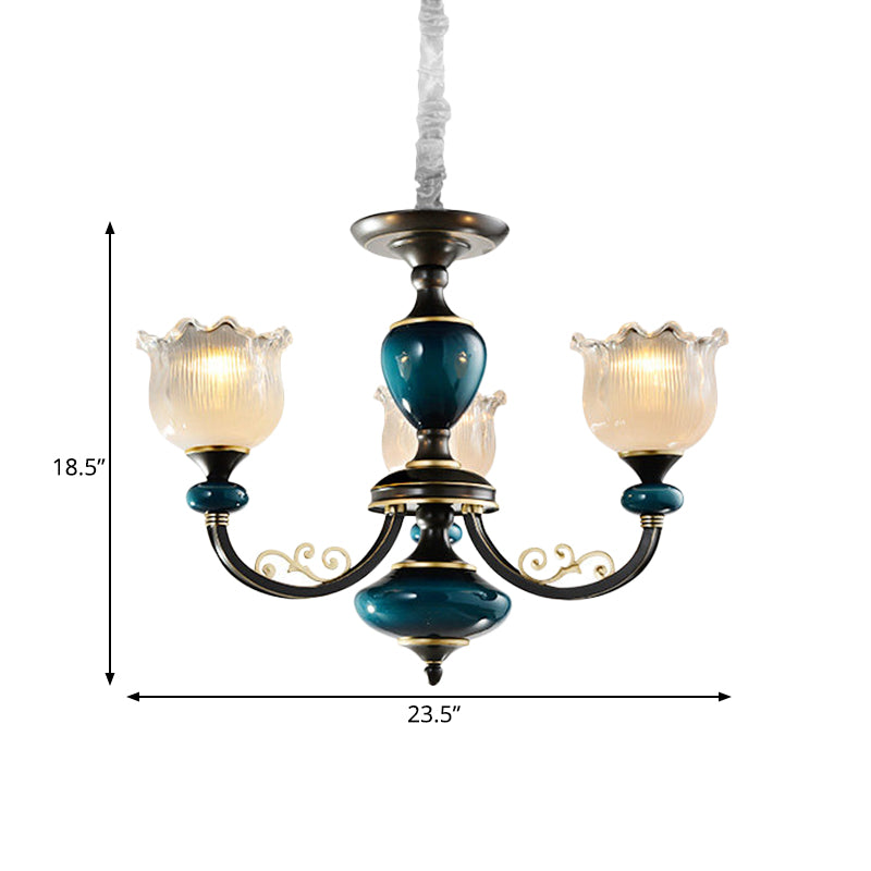 3/6 Bulbs Blossom Hanging Light Kit Classic Black Finish Clear Ribbed Glass Pendant Chandelier