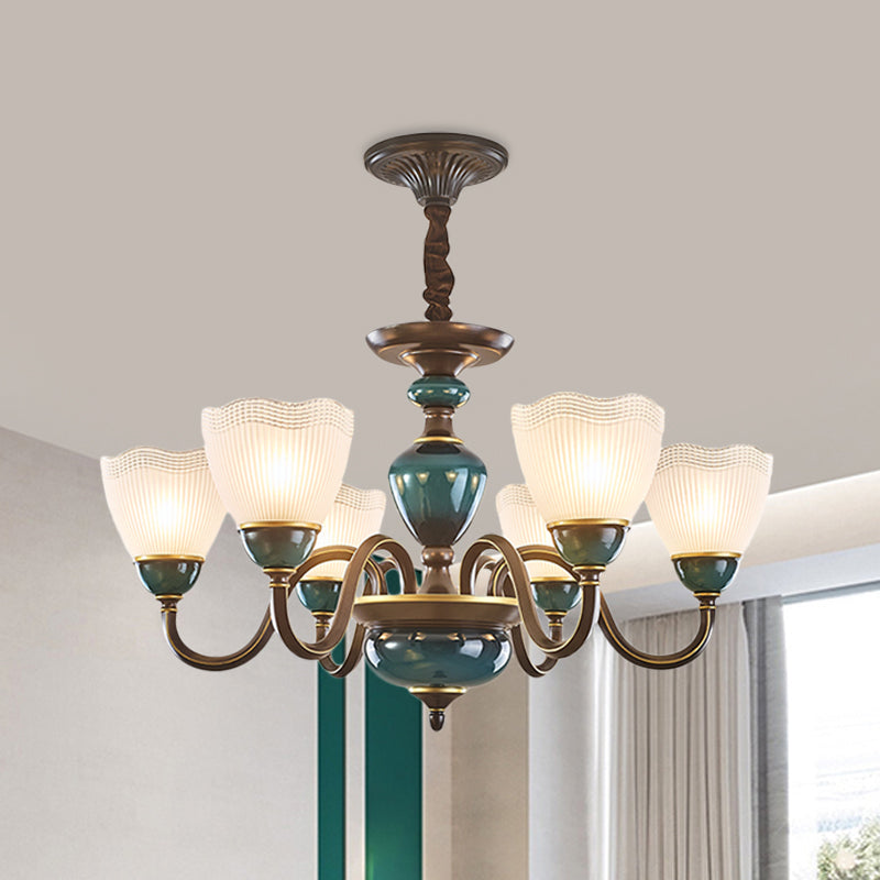 Bowl Frosted Prismatic Glass Hanging Lamp Country 3/6 Lights Bedroom Chandelier Light in Black with Curving Arm