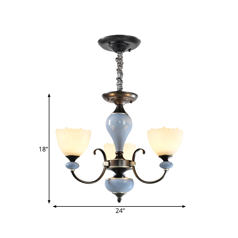 3/6 Heads Pendant Chandelier Countryside Bowl White Glass Ceiling Light in Black with Swooping Arm