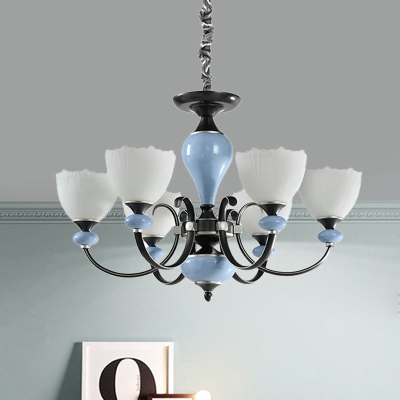 3/6 Heads Pendant Chandelier Countryside Bowl White Glass Ceiling Light in Black with Swooping Arm