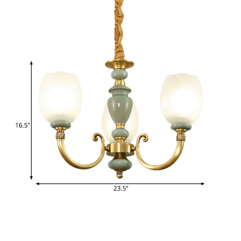 Elongated Dome Dining Room Chandelier Lighting Countryside Frosted 3 Heads Gold Finish Pendant Lamp