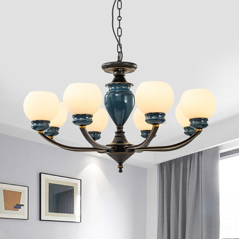 Black 3/6/8 Bulbs Chandelier Lighting Fixture Rural Milky Glass Spherical Hanging Pendant