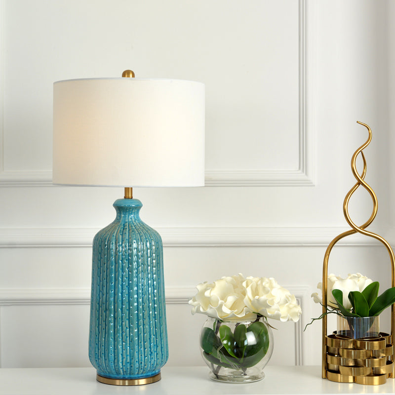 Classic Drum Night Table Lighting 1-Light Fabric Nightstand Light in White with Blue Pot Vase Base