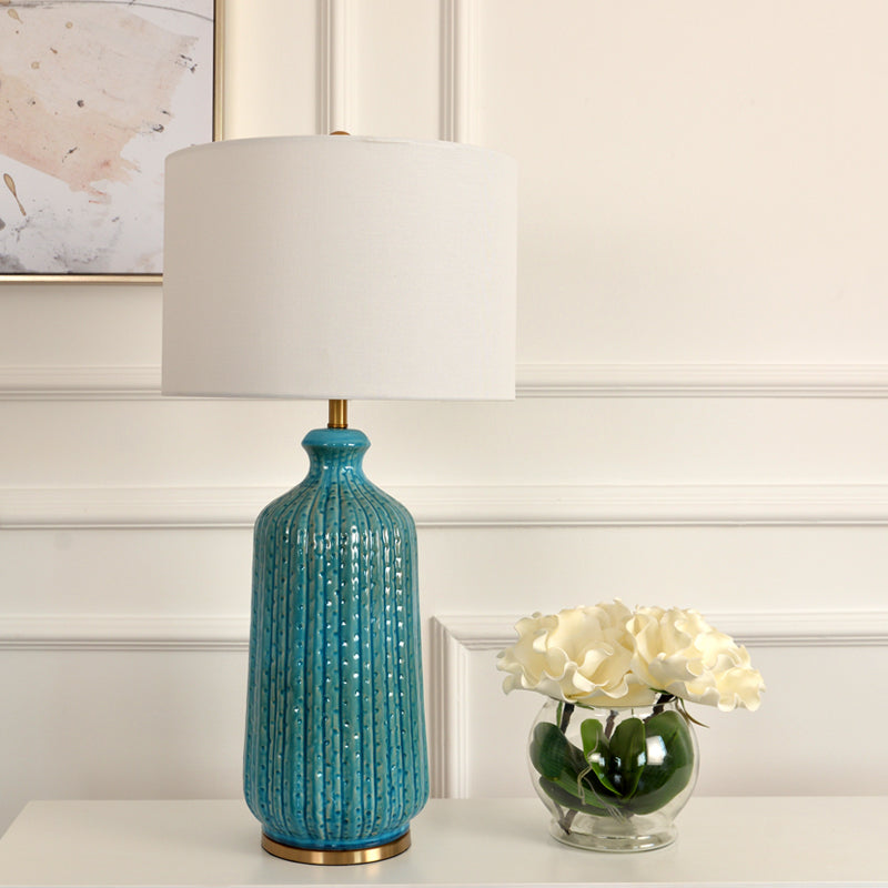 Classic Drum Night Table Lighting 1-Light Fabric Nightstand Light in White with Blue Pot Vase Base