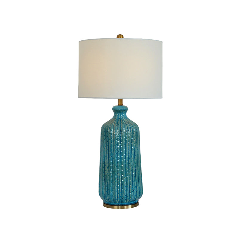Classic Drum Night Table Lighting 1-Light Fabric Nightstand Light in White with Blue Pot Vase Base