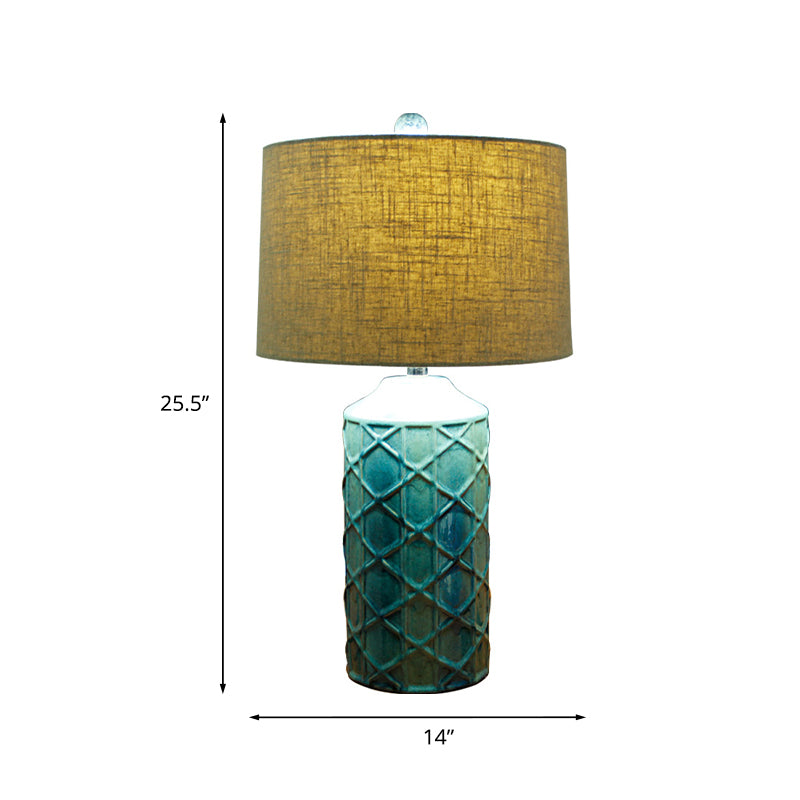 Ceramic Blue Night Light Lattice Cylinder 1 Light Rustic Nightstand Lighting with Round Fabric Shade