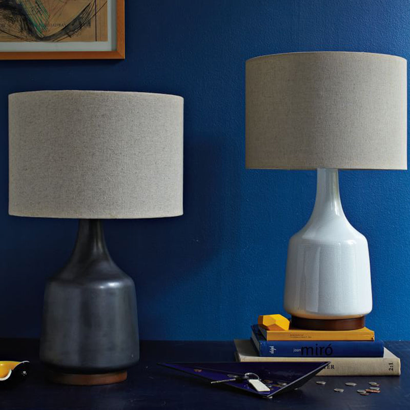 Fabric Black/White Nightstand Light Round 1-Light Retro Style Night Lamp with Ceramic Bottle Base
