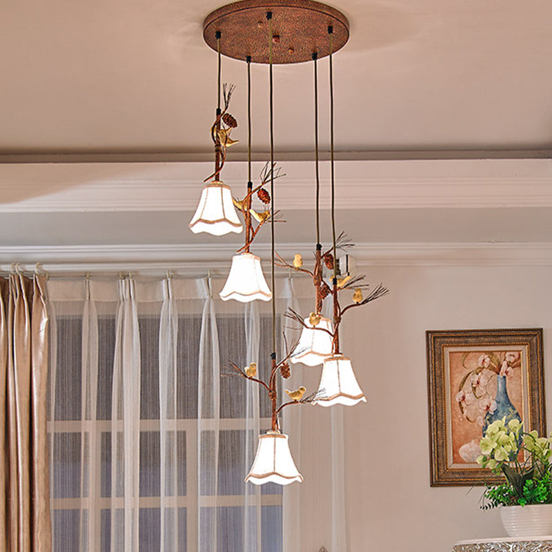 Flaxen 3/5 Heads Cluster Pendant Light Country Fabric Scalloped Suspension Lamp with Bird and Pinecone Deco