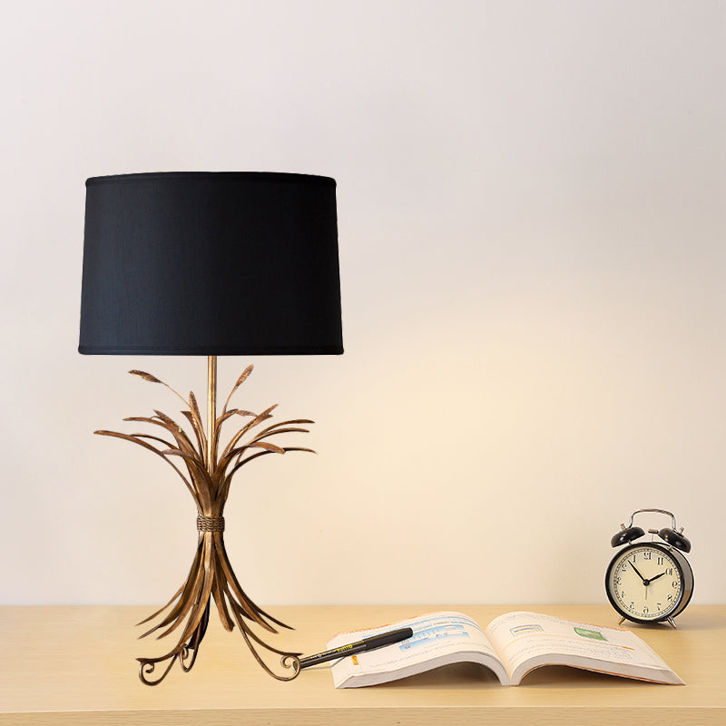 Drum Shade Bedroom Night Table Lighting Rustic Fabric 1-Bulb Black Finish Nightstand Light with Wheat Bunch Base