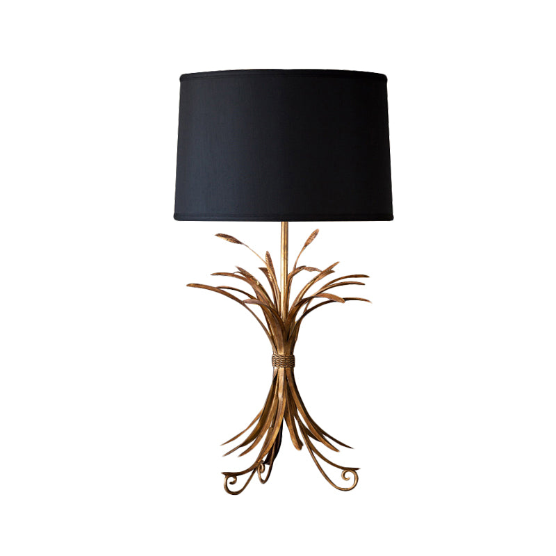 Drum Shade Bedroom Night Table Lighting Rustic Fabric 1-Bulb Black Finish Nightstand Light with Wheat Bunch Base