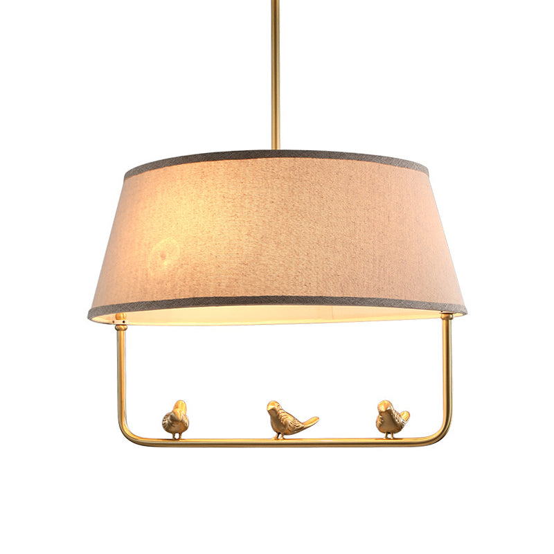Fabric Beige Ceiling Chandelier Drum Shade 3 Heads Rustic Style Suspension Pendant with Bottom Stand and Bird Deco