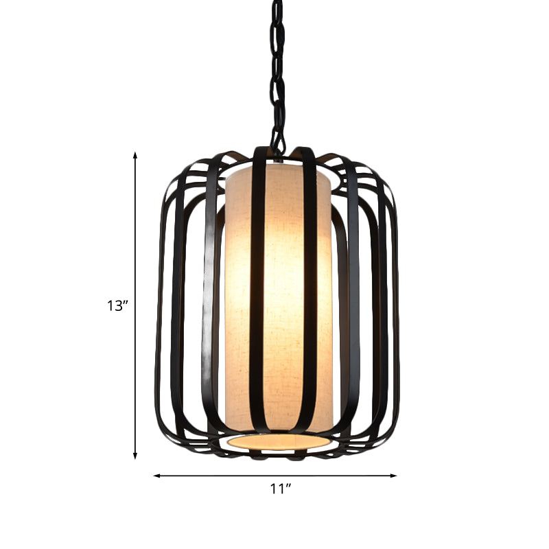 Black 1-Bulb Drop Pendant Retro Style Cylinder Suspension Light with Wire Cage for Dining Room