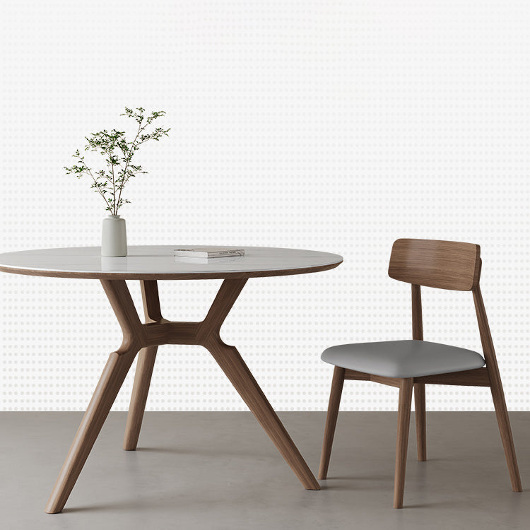 Contemporary Round White Stone Dining Table with Solid Wood Trestle