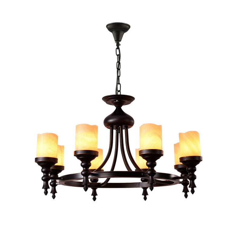 8 Lights Ceiling Chandelier Countryside Candle Crackled Dolomite Hanging Lamp Kit in Black with Loop Design