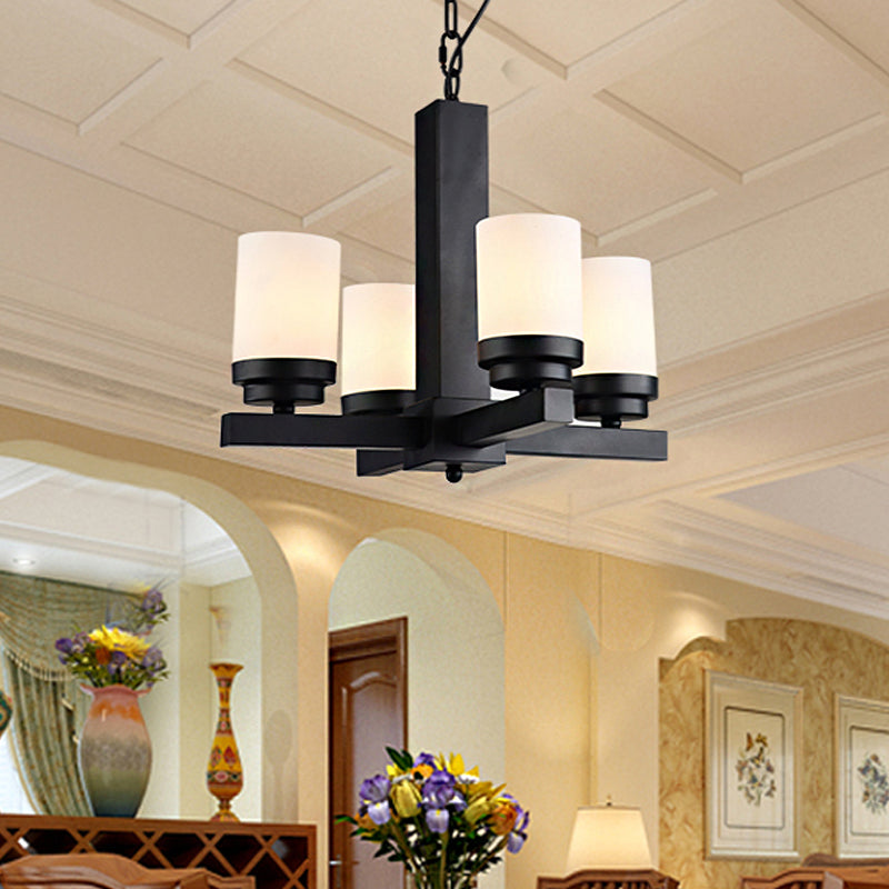 Cylinder Bedroom Pendant Chandelier Farmhouse Yellow Dolomite 4-Head Black Radial Ceiling Hang Fixture