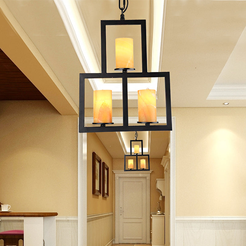 Lampada lampada da lampada a finitura nera di dolomite giallo con telaio a 3 rettangolo a 3 luci