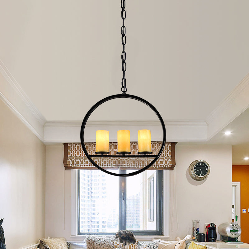 Black 3 Heads Suspension Light Vintage Metal Ring Chandelier Lamp Fixture with Cylinder Yellow Dolomite Shade