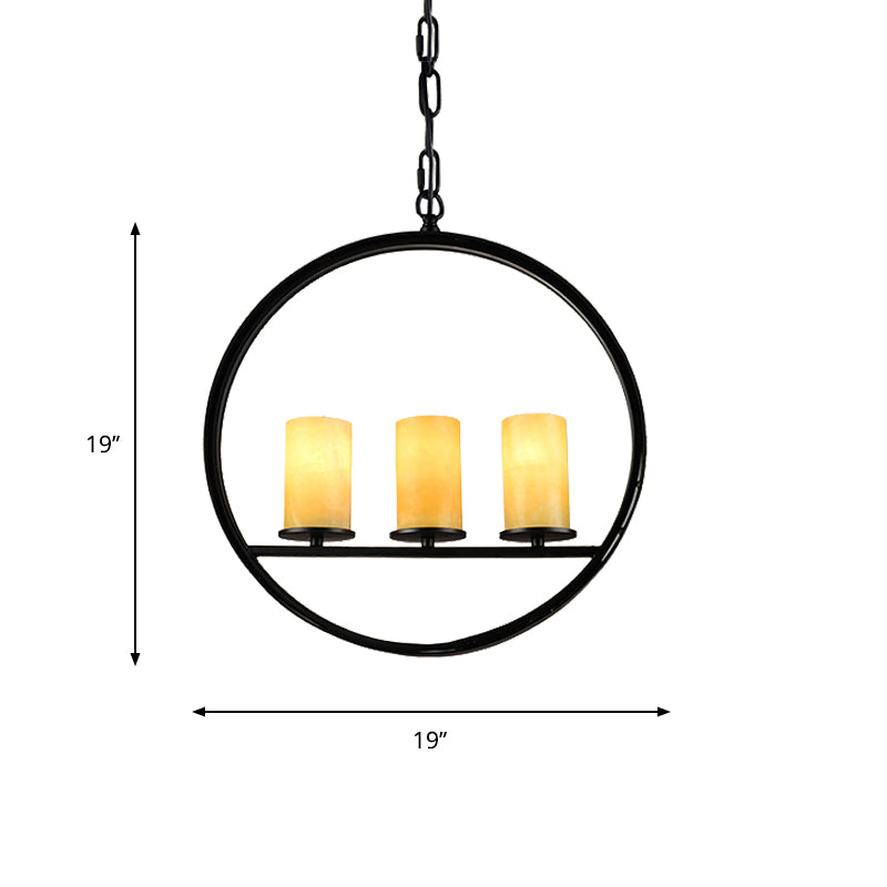 Black 3 Heads Suspension Light Vintage Metal Ring Chandelier Lamp Fixture with Cylinder Yellow Dolomite Shade