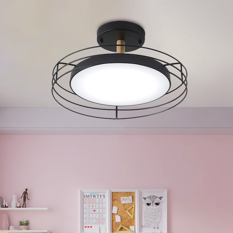 Round Semi Flush Mount Lighting Nordic Iron Black/White/Gold LED Ceiling Fixture with Wire Cage
