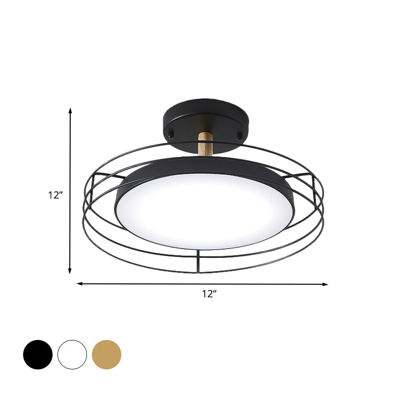 Round Semi Flush Mount Lighting Nordic Iron Black/White/Gold LED Ceiling Fixture with Wire Cage