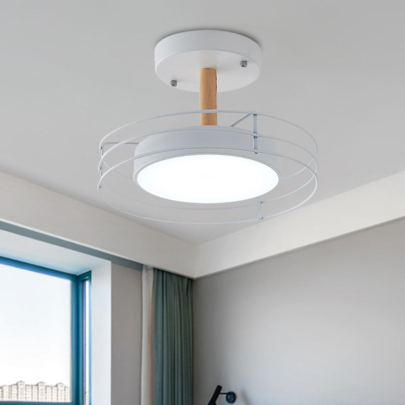 Round Semi Flush Mount Lighting Nordic Iron Black/White/Gold LED Ceiling Fixture with Wire Cage