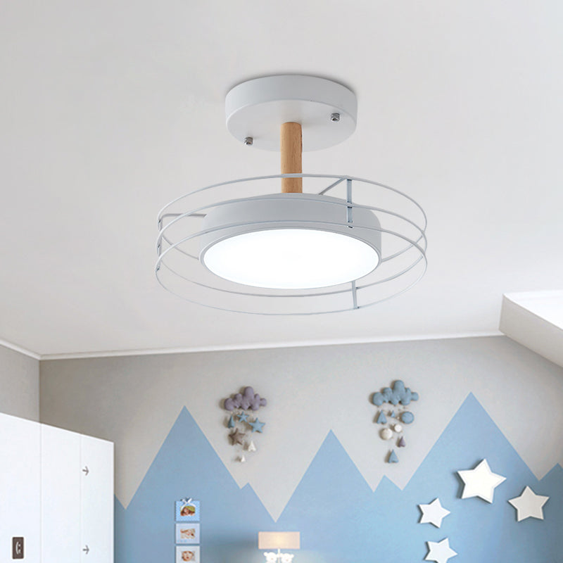 Round Semi Flush Mount Lighting Nordic Iron Black/White/Gold LED Ceiling Fixture with Wire Cage
