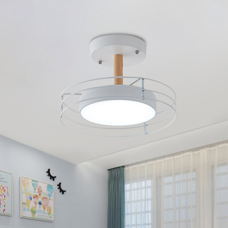 Round Semi Flush Mount Lighting Nordic Iron Black/White/Gold LED Ceiling Fixture with Wire Cage
