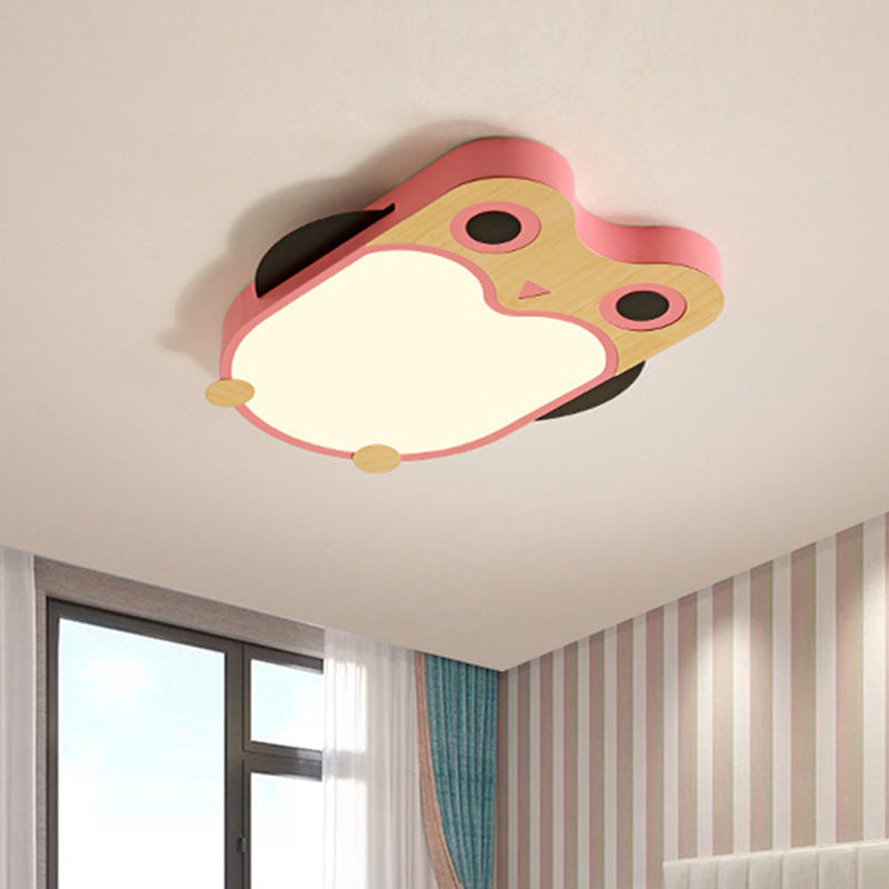 Owl Thin Iron Ceiling Light Cartoon White/Pink/Blue and Wood LED Flush Mount Lamp for Child Room