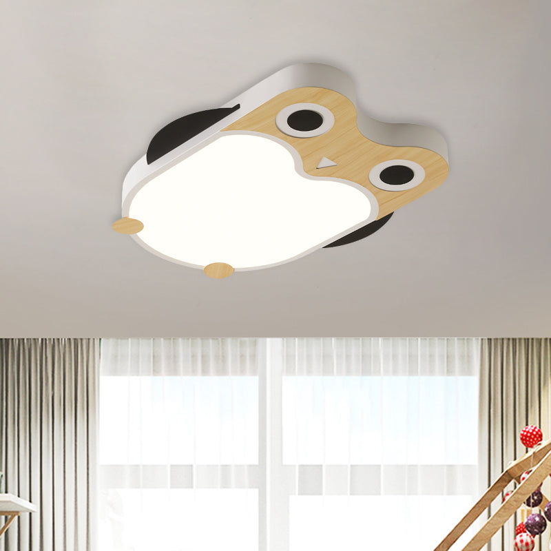 Owl Thin Iron Ceiling Light Cartoon White/Pink/Blue and Wood LED Flush Mount Lamp for Child Room