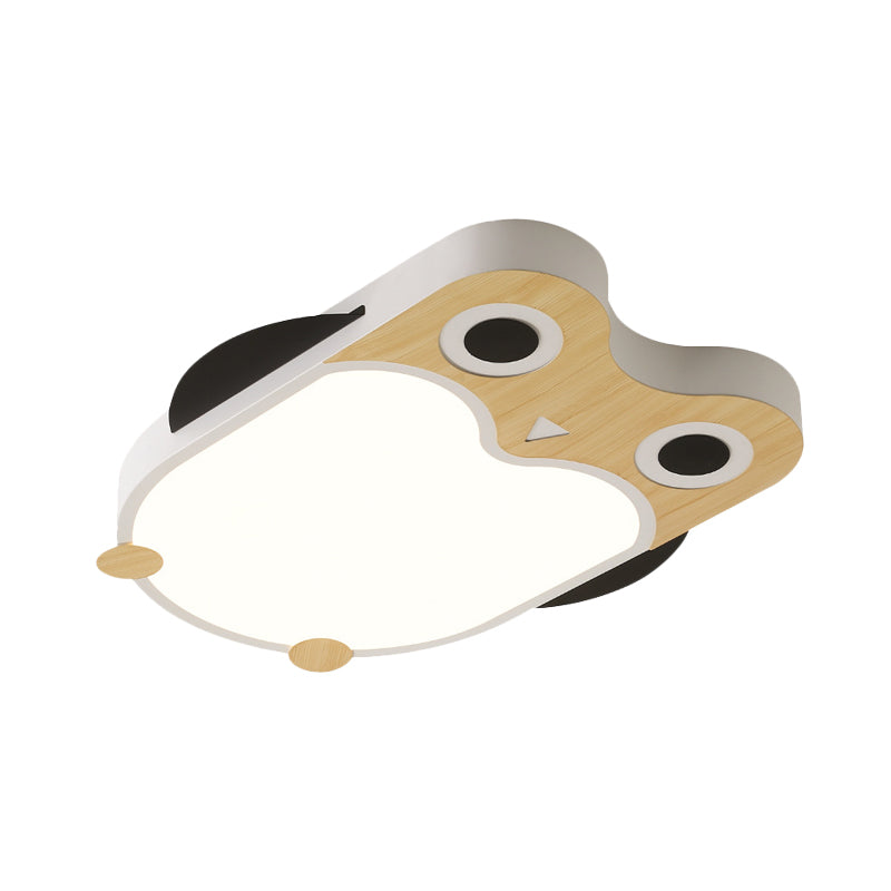 Owl Thin Iron Ceiling Light Cartoon White/Pink/Blue and Wood LED Flush Mount Lamp for Child Room