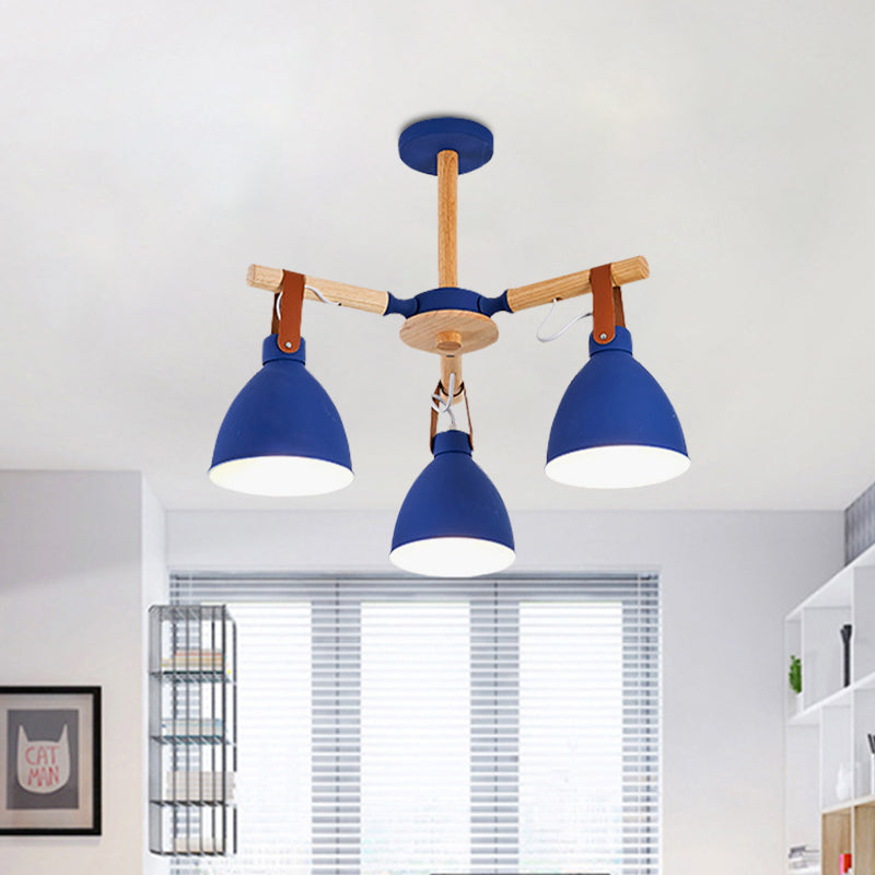 Macaron Éclatement du lustre en bois 3/6/8 Plafond plafond Light en blanc / bleu avec une nuance de bol et une sangle en cuir