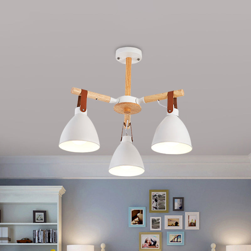 Macaron Bursting Wood Chandelier 3/6/8 Heads Ceiling Hanging Light in White/Blue with Bowl Shade and Leather Strap