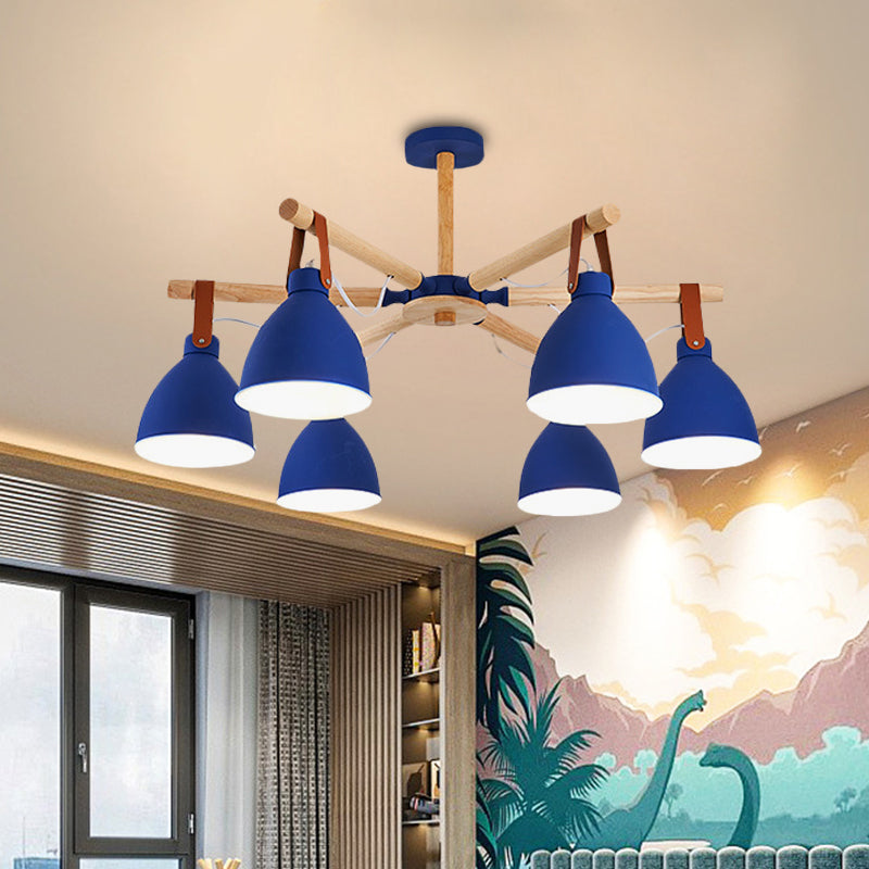Macaron Bursting Wood Chandelier 3/6/8 Heads Ceiling Hanging Light in White/Blue with Bowl Shade and Leather Strap