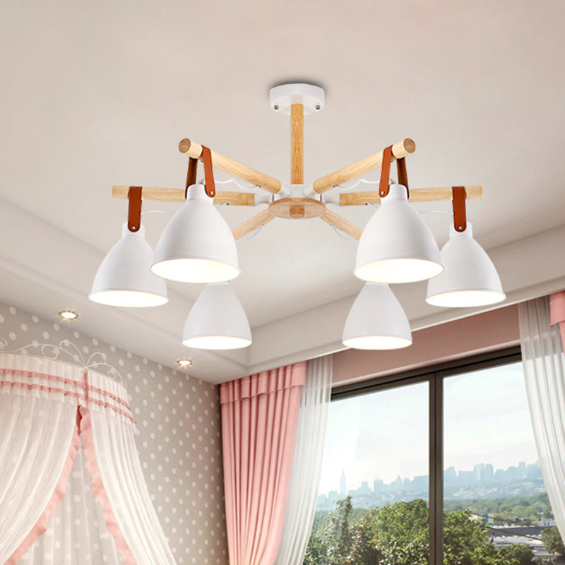 Macaron Bursting Wood Chandelier 3/6/8 Heads Ceiling Hanging Light in White/Blue with Bowl Shade and Leather Strap