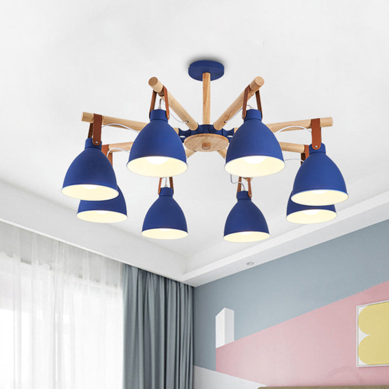 Macaron Bursting Wood Chandelier 3/6/8 Heads Ceiling Hanging Light in White/Blue with Bowl Shade and Leather Strap
