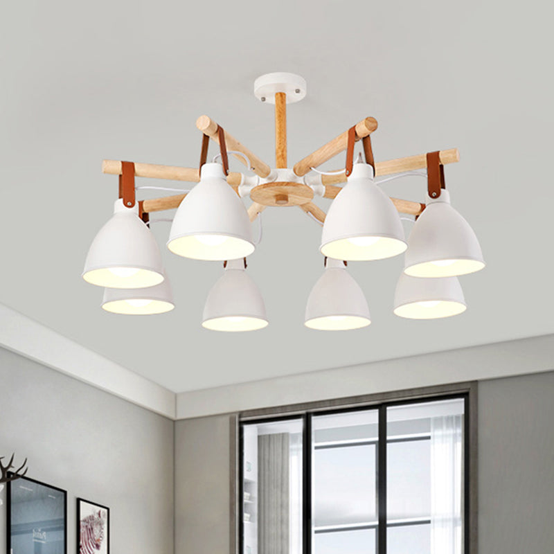Macaron Bursting Wood Chandelier 3/6/8 Heads Ceiling Hanging Light in White/Blue with Bowl Shade and Leather Strap