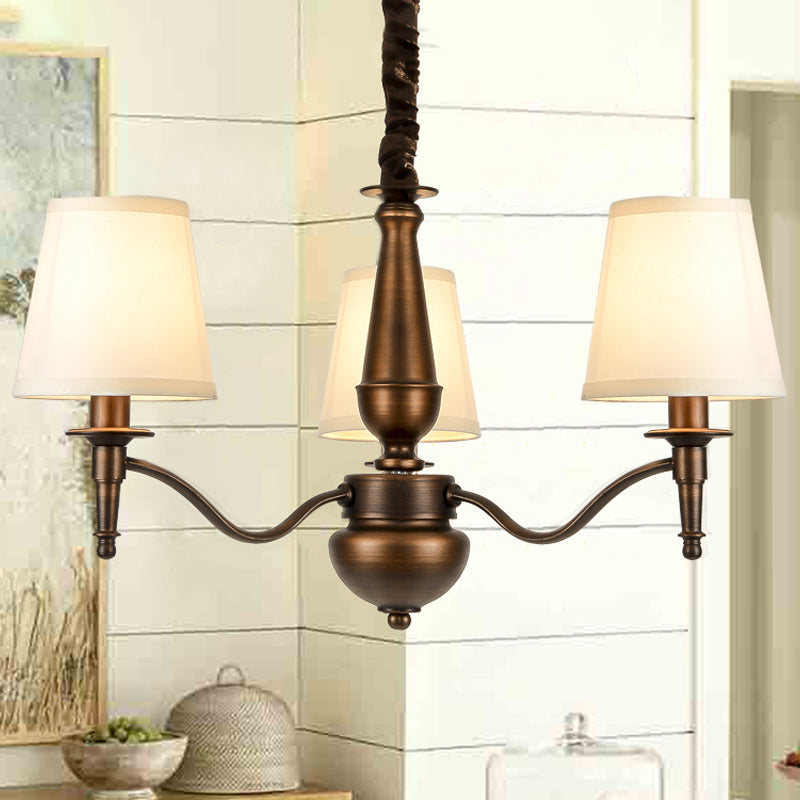 3/6 Heads Fabric Hanging Chandelier Traditional White Conical Dining Room Pendant Lamp