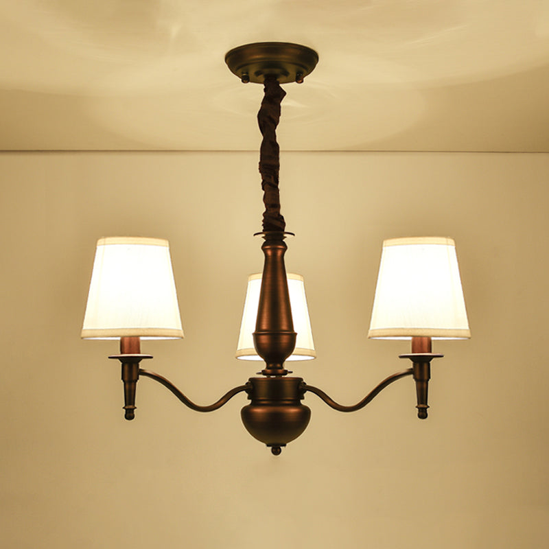 3/6 Heads Fabric Hanging Chandelier Traditional White Conical Dining Room Pendant Lamp