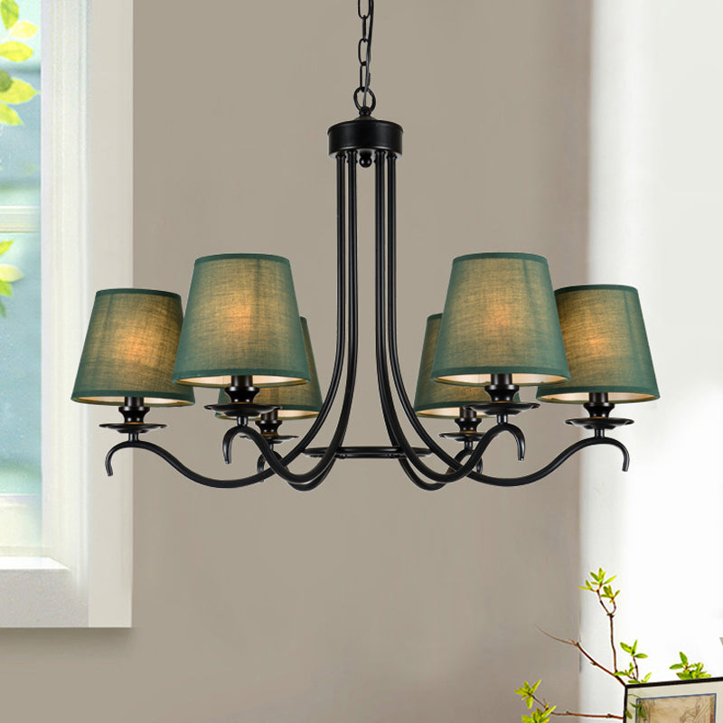 Green Tapered Chandelier Lighting Fixture Rustic Fabric 6 Lights Pendant Light Kit for Dining Room