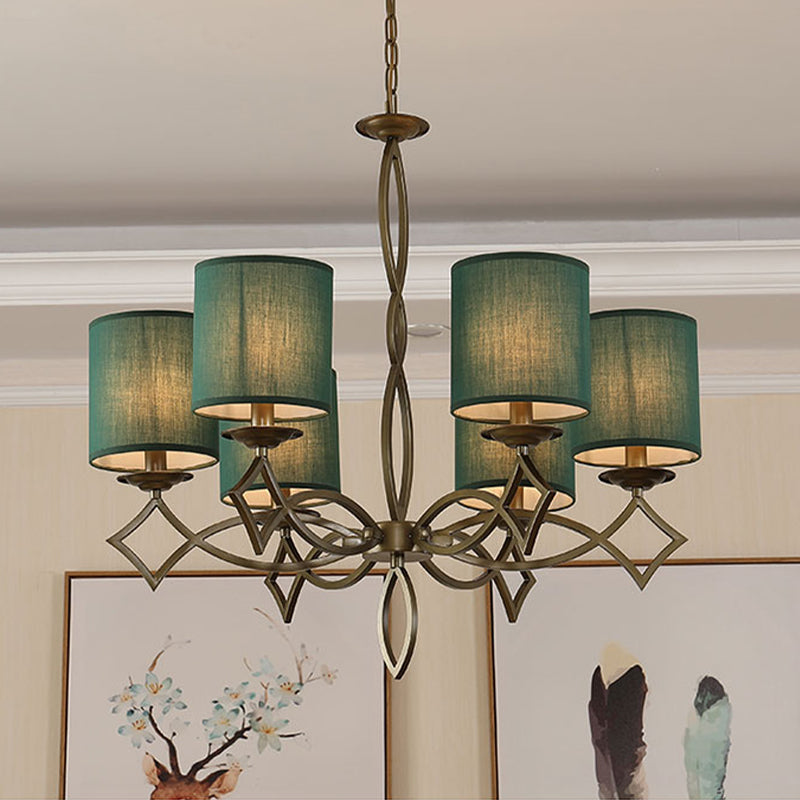 6-Light Chandelier Lamp Rural Style Drum Shade Fabric Pendant Light Fixture in White/Beige/Green with Metal Twisted Arm