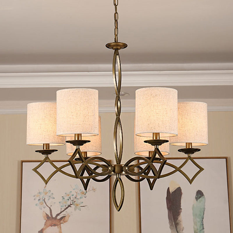 6-Light Chandelier Lamp Rural Style Drum Shade Fabric Pendant Light Fixture in White/Beige/Green with Metal Twisted Arm