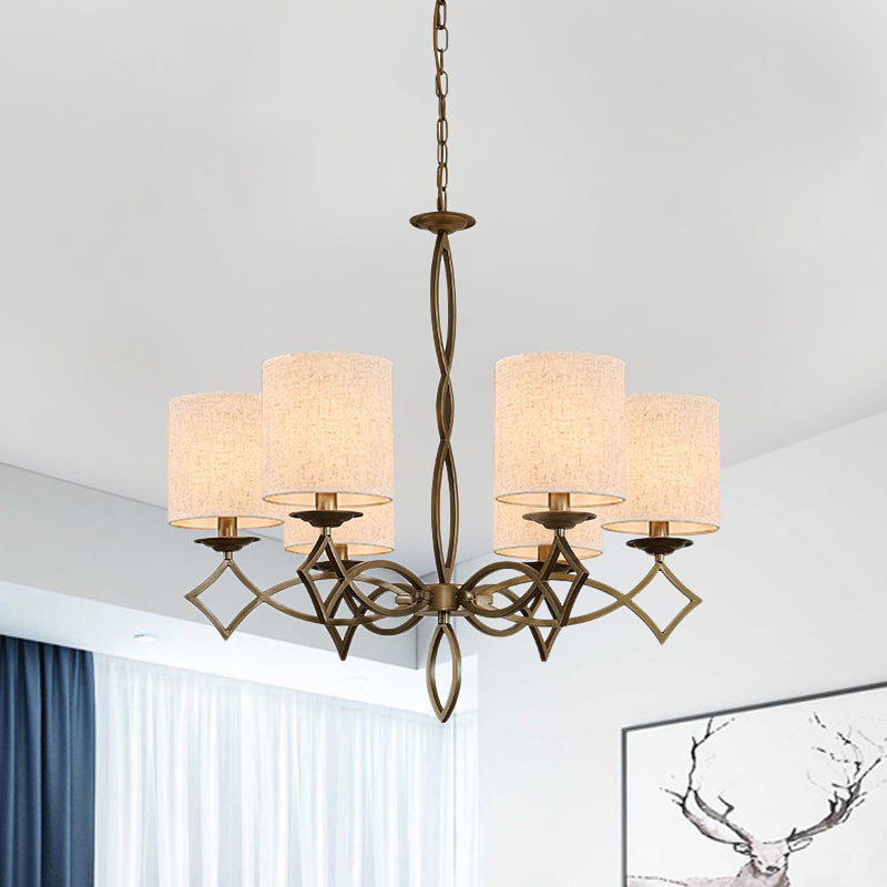 6-Light Chandelier Lamp Rural Style Drum Shade Fabric Pendant Light Fixture in White/Beige/Green with Metal Twisted Arm